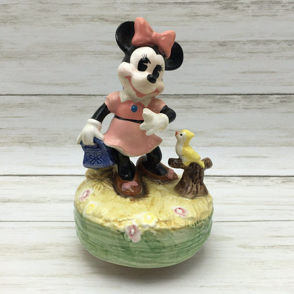 Vintage Disney Schmid Minnie Mouse Ceramic Figurine with Bird Music Box